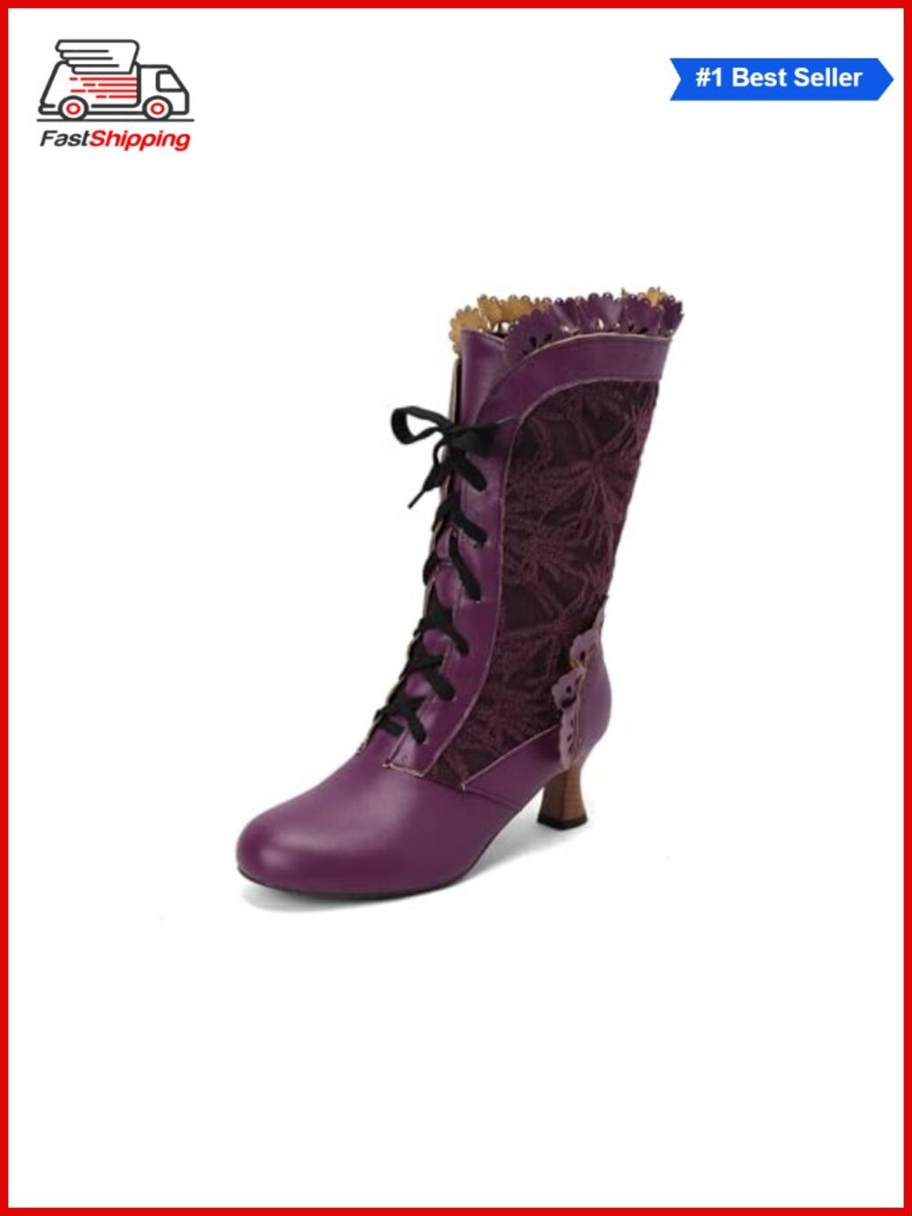 Victorian Lace Up Mid-Calf Boots Faux Leather Faux Fur Lined Chunky Heel Cosplay
